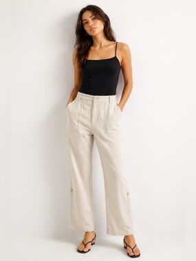 100% Linen Roll Tab Pants Beige Wide Leg Crop Convertible Size 34 (W 33” x L30”)